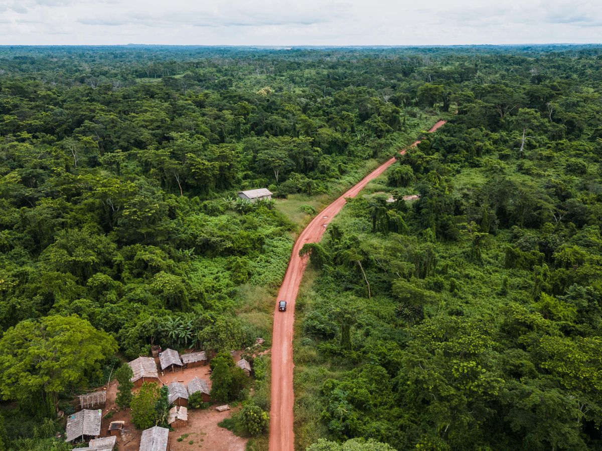 A red-earth road through tropical forest and a village in eastern Cameroon